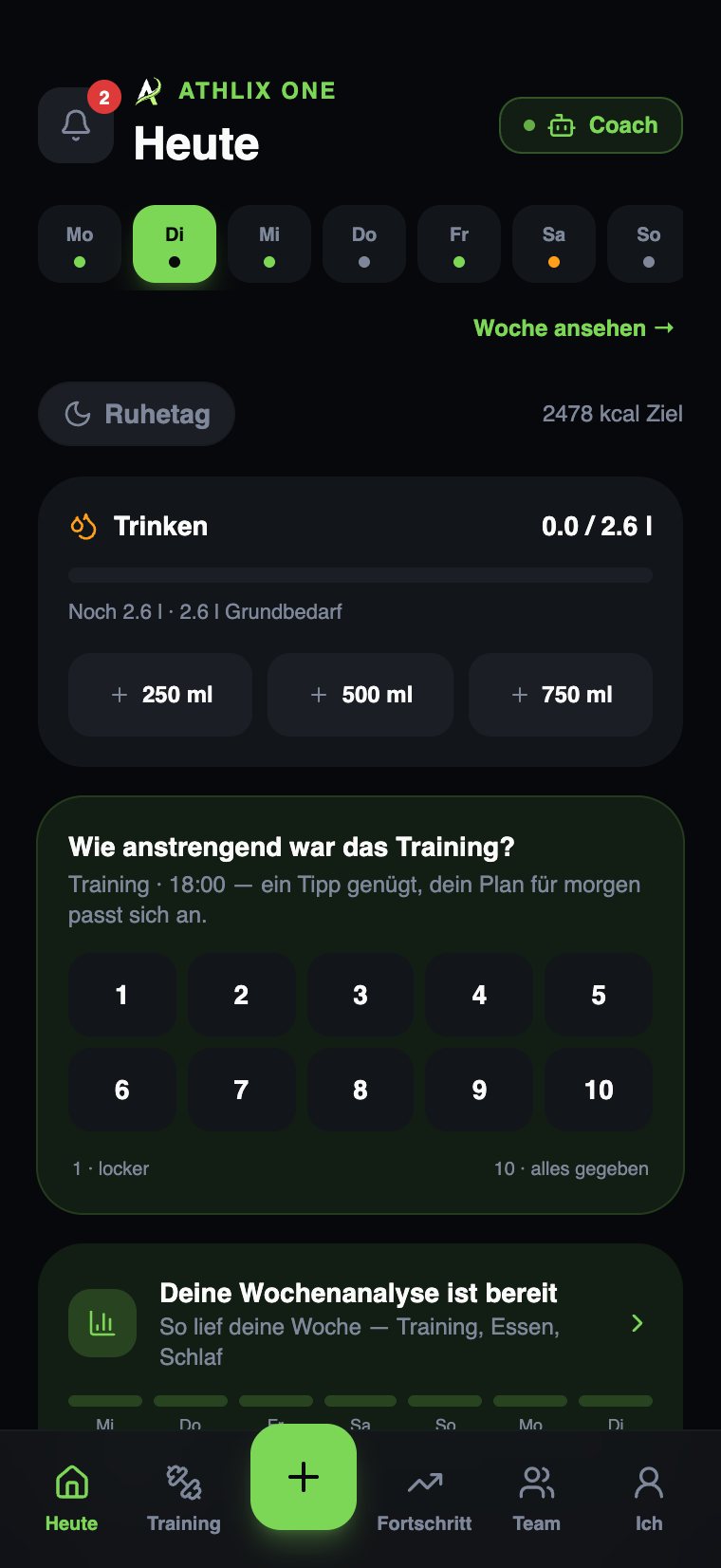 Athlix One, Heute-Ansicht: Tagesauswahl, Kalorienziel, Trinken und die Frage, wie anstrengend das Training war