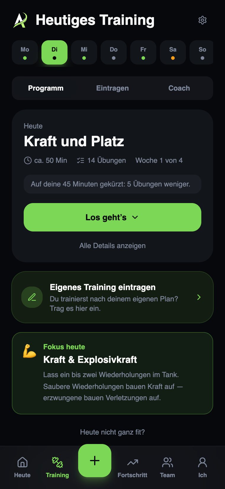Athlix One, Tagesprogramm: Kraft und Platz, Woche 1 von 4, auf 45 Minuten gekürzt, Fokus Kraft und Explosivkraft