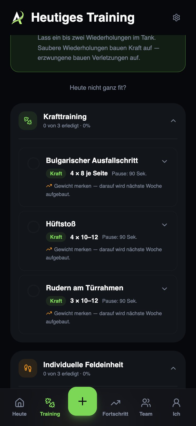 Athlix One, Übungsliste mit Sätzen, Wiederholungen, Pausen und Hinweis zum Gewicht