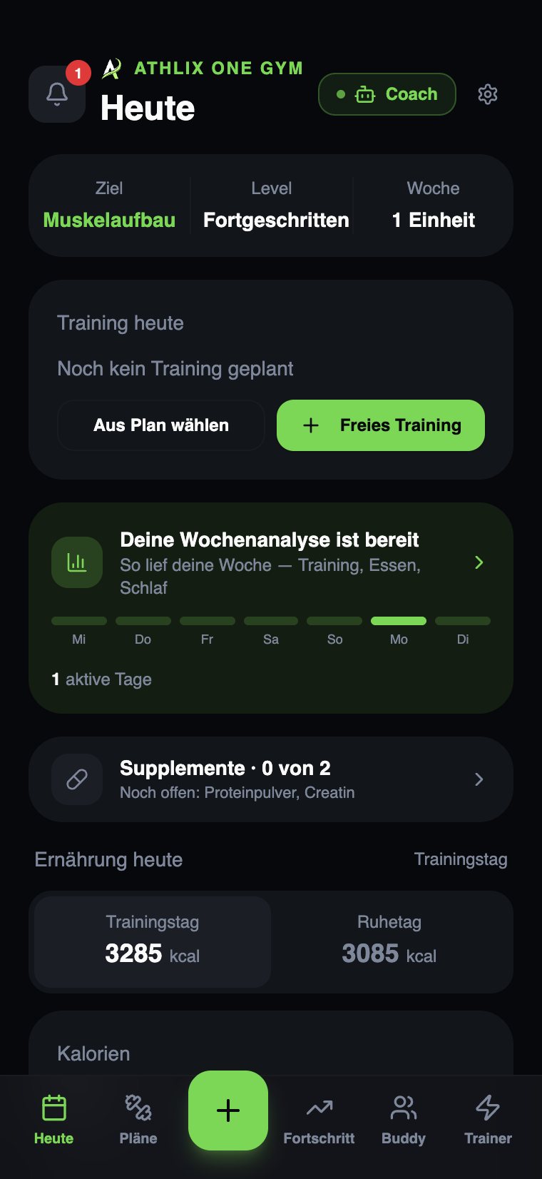 Athlix One Gym: Heute-Ansicht mit Ziel, Level, Training, Wochenanalyse und Ernährung