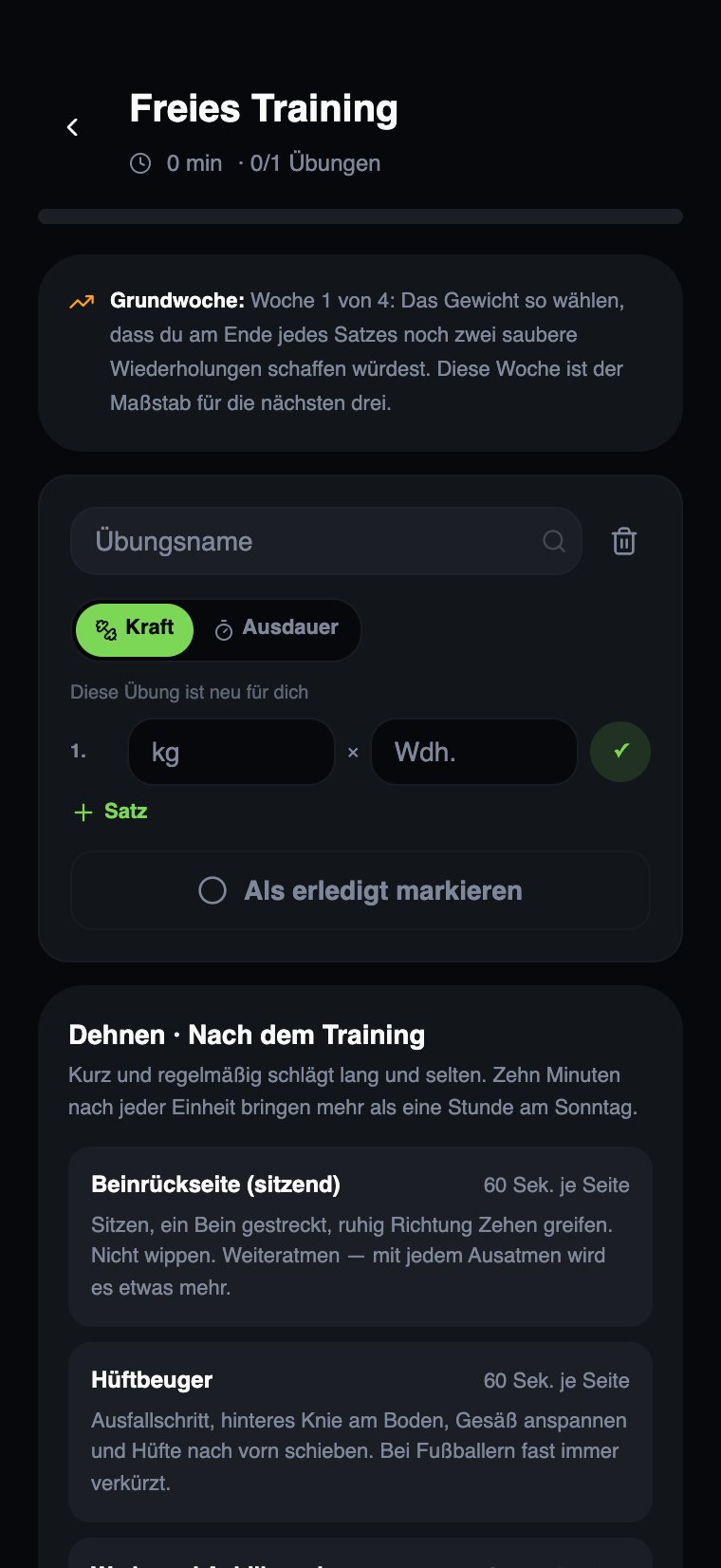 Athlix One Gym: freies Training mit Satz-Eingabe, Hinweis zur Trainingswoche und Dehnen danach